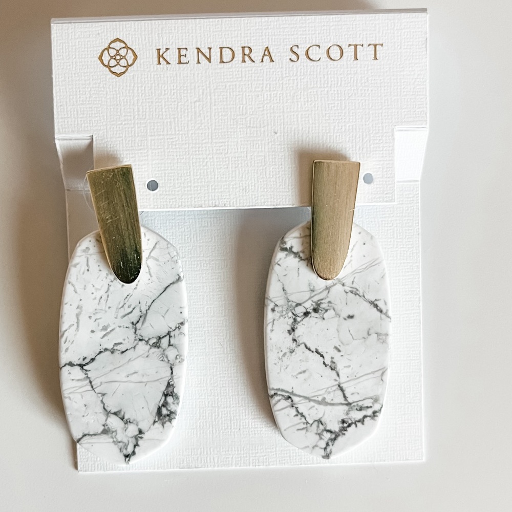 Kendra Scott Aragon statement earrings gold and white howlite marble